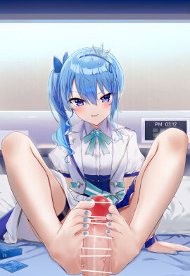 1boy bar_censor bare_legs barefoot bed blue_bow blue_condom blue_eyes blue_nails blue_shorts blush bow breasts cameltoe censored closed_mouth commentary_request condom condom_wrapper crown feet female footjob gold_trim hair_between_eyes hairbow highres hololive hololive_gen_0 hololive_japan hoshimachi_suisei indoors jacket kou_futoshi long_hair looking_at_viewer male mini_crown miniskirt nail_polish on_bed out_of_frame penis pov puffy_short_sleeves puffy_sleeves pussy shirt short_shorts short_sleeves shorts side_ponytail sitting skirt small_breasts star_(symbol) star_in_eye symbol_in_eye thigh_strap toes two-footed_footjob virtual_youtuber white_jacket white_shirt white_skirt