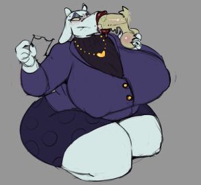 :>= absurd_res anthro balls balls_grab big_breasts bottomwear bovid breasts bun-e caprine clothed clothing deltarune disembodied_penis eyeshadow eyewear female furry genitals glasses goat hi_res huge_breasts kneeling lips makeup male office_lady overweight pencil_skirt penis red_lips simple_background skirt toriel turtleneck_sweater undertale_(series) white_body