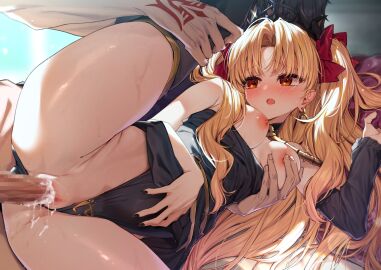 1boy alfred ass black_dress black_hair black_thighhighs blonde_hair bow breasts breasts_out censored command_spell cum cum_in_pussy detached_collar detached_sleeves dress earrings ereshkigal_(fate) fate/grand_order fate_(series) female fujimaru_ritsuka_(male) gold_trim grabbing_another's_breast groping hairbow happy_sex highres jewelry long_hair lying male medium_breasts nipples on_side open_mouth parted_bangs penis pussy red_eyes sex sex_from_behind short_dress single_detached_sleeve single_thighhigh skull_ornament straight thighhighs thighs tiara two_side_up vaginal_penetration
