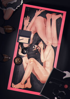 2girls absurdres ball_gag barefoot blindfold bondage bound_together box breasts double_strap_ball_gag female femsub forced_partners forced_yuri gag gag_harness harness_gag highres human_furniture in_box in_container linked_gag maid multiple_females multiple_girls multiple_subs nude original po-i-mu pussy restrained shared_gag table yuri