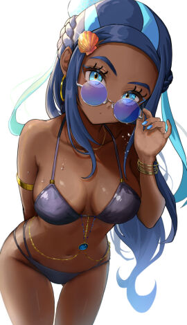 :o adjusting_eyewear arm_behind_back armlet bikini black_bikini blue-tinted_eyewear blue_eyes blue_hair blue_nails bracelet breasts collarbone dark-skinned_female dark_skin female gold_bracelet jewelry leaning_forward medium_breasts navel nessa_(pokemon) parted_lips pokemon pokemon_swsh round_eyewear setta_shu shell_hair_ornament solo stomach sunglasses swimsuit tinted_eyewear