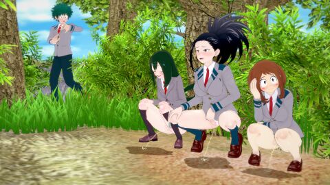 1boy 3d 3d_(artwork) 3girls asui_tsuyu averting_eyes black_hair blush boku_no_hero_academia brown_hair closed_eyes creati_(mha) deku female forest froppy green_hair izuku_midoriya koikatsu light-skinned_female light-skinned_male light_skin looking_away lucky male masterxploder masterxploder_(artst) midoriya_izuku momo_yaoyorozu my_hero_academia ochako_uraraka omorashi panties_around_leg panties_around_one_leg panties_aside pee peeing peeing_together piss pissing_on_floor public public_exposure public_indecency public_urination pussy shielding_eyes tsuyu_asui u.a._school_uniform uraraka_ochako uravity urinating urinating_female urination urine urine_stream vagina walking_in_on watersports yaoyorozu_momo