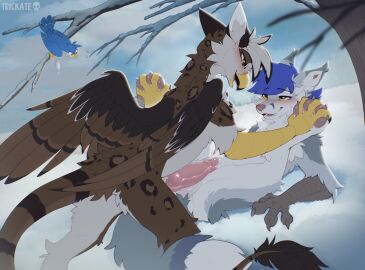 4_toes avian beak bedroom_eyes bird blue_hair blush bodily_fluids claws digital_drawing_(artwork) digital_media_(artwork) enfield erection feet female feral fingers_between_toes foot_grab fur gabriel_serealia genital_fluids genitals gryphon hair hi_res imminent_sex looking_at_another male male/female mythological_avian mythological_creature mythology narrowed_eyes north_(gabriel_serealia) ospreay_(ospreaygryphon) outside pawpads paws penis penis_on_pussy pussy seductive smile snow tail toes trickate white_body wings