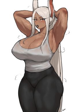armpits arms_behind_head arms_up artist_name bare_shoulders batako_(batakoart) blush boku_no_hero_academia breasts cleavage curvy dark-skinned_female dark_skin female female_focus highres large_breasts mirko miruko muscular muscular_female my_hero_academia pants rabbit_ears red_eyes rumi_usagiyama simple_background solo sweat tank_top thick_thighs thighs toned toned_female usagiyama_rumi white_background white_hair
