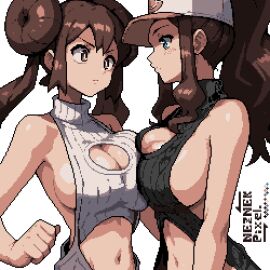 belly_button blue_eyes boob_window breasts breasts_squeezed_together brown_eyes brown_hair female hilda_(pokemon) huge_breasts large_breasts midriff neznekpixel pokemon rosa_(pokemon) sweater transparent_background virgin_killer_sweater