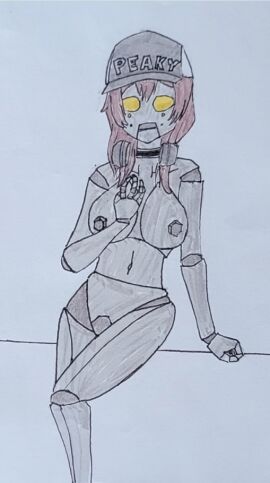 breasts d4dj drawing female hair hat headphones ice_crystals nude peaky_bot_kyoko robot robot_girl robot_humanoid text text_on_clothing yamate_kyoko