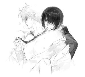 2boys bite_mark blush class_3-z ear_fins gay gintama gintoki_sakata hair_over_one_eye male male_only merfolk merman monochrome necktie nipple_piercing nipples off_shoulder official_alternate_costume open_shirt pecs piercing smile takasugi_shinsuke teacher tears wy3163561826160 yaoi youkai