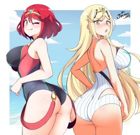 2girls ;p absurd_res absurdres alternate_costume ass back back_view backless_outfit bangs bare_arms bare_legs beach big_ass big_breasts big_butt black_one-piece_swimsuit black_swimsuit blonde_hair blue_sky blush blushing breasts busty cleavage competition_swimsuit core_crystal cowboy_shot curvy earrings facing_away female female_focus female_only from_behind gold_eyes hair_ornament hand_on_hip hi_res highleg_swimsuit highres huge_ass huge_breasts huge_butt jarckius jewelry large_ass large_breasts large_butt long_hair looking_at_viewer looking_back looking_over_shoulder monolith_soft multiple_females multiple_girls mythra mythra_(radiant_beach)_(xenoblade) mythra_(xenoblade) nintendo nose_blush one-piece_swimsuit one_eye_closed open_mouth outdoors outside pyra pyra_(pro_swimmer)_(xenoblade) pyra_(xenoblade) rear_view red_eyes red_hair red_swimsuit short_hair short_red_hair sideboob signature slim_waist smile smiling_at_viewer sunlight suspenders suspenders_hanging swept_bangs swimsuit tagme thick_thighs thighs tiara tongue tongue_out very_long_hair voluptuous water white_one-piece_swimsuit white_swimsuit wide_hips xenoblade_(series) xenoblade_chronicles_(series) xenoblade_chronicles_2 yellow_eyes