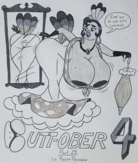 1girls 2022 2d 2d_(artwork) 2d_artwork anthro areola areolae ass avian big_ass big_butt bird bird_girl blu3danny butt-tober dialog dialogue dress female furry furry_female galliform gallus_(genus) la_pavita_pechugona mirror mirror_reflection no_bra pavita_pechugona phasianid solo traditional_art traditional_media traditional_media_(artwork) turkey umbrella