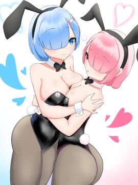 2d 2girls ass asymmetrical_docking bangs big_breasts blue_eyes blue_hair bowtie breast_press breasts bunny_ears bunnysuit cleavage fake_animal_ears female female_only hair_ornament hair_over_one_eye heart matching_hair/eyes multiple_females multiple_girls pestip108 pink_eyes pink_hair ram_(re:zero) re:zero_kara_hajimeru_isekai_seikatsu rem_(re:zero) short_hair sisters thick_thighs thighs twins
