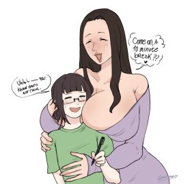 1boy 1girls big_breasts black_hair blush breasts breasts_on_shoulder closed_eyes dialogue english_text female glasses gyarusatan height_difference hi_res hifumi_(gyarusatan) hug keiko_(gyarusatan) long_hair male smaller_male smile taller_female white_background wholesome