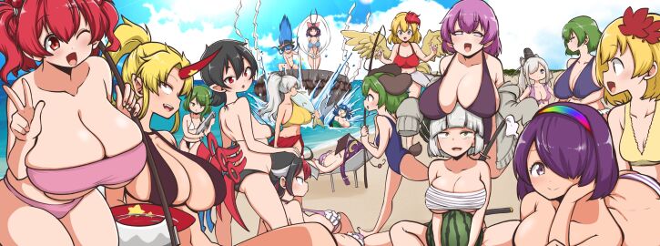 1_horn 6+girls ;d absurdres aki_shizuha animal_ears asymmetrical_wings beach bikini black_bikini black_hair black_hairband black_headwear black_one-piece_swimsuit blue_bikini blue_hair blue_sky blue_wings book bow breasts chest_sarashi chimata_tenkyuu cleavage cloud commentary_request crescent crescent_hair_ornament cup dog_ears dog_girl dog_tail eiki_shiki female fins food frilled_bikini frills fruit green_eyes green_hair grey_eyes grey_hair hair_ornament hair_over_one_eye hairband hand_in_own_hair hat hat_bow head_fins highres himajin_noizu hinanawi_tenshi holding holding_cup horns hoshiguma_yuugi houjuu_nue huge_breasts iku_nagae kasodani_kyouko kazami_yuuka keystone kijin_seija komachi_onozuka konpaku_youmu kutaka_niwatari kyouko_kasodani large_breasts leaf_hair_ornament looking_at_viewer medium_breasts mononobe_no_futo multicolored_hair multicolored_hairband multiple_females multiple_girls nagae_iku nemuno_sakata niwatari_kutaka nue_houjuu one-piece_swimsuit one_eye_closed onozuka_komachi open_mouth outdoors patchouli_knowledge pink_bikini ponytail purple_eyes purple_hair red_bow red_eyes red_wings saigyouji_yuyuko sakata_nemuno sakazuki sarashi seija_kijin shiki_eiki shizuha_aki short_hair sky slingshot_swimsuit smile streaked_hair swimsuit tail tate_eboshi tenkyuu_chimata tenshi_hinanawi touhou two-tone_bikini two-tone_hair two_side_up w wakasagihime watermelon white_bikini wings youmu_konpaku yuka_kazami yuyuko_saigyouji
