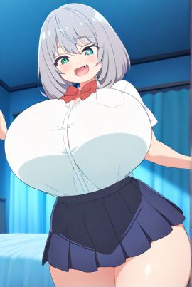 ai_generated blue_eyes female flesh_fang huge_breasts school_uniform schoolgirl silver_hair skin_fang tejina_senpai tejina_senpai_(character)