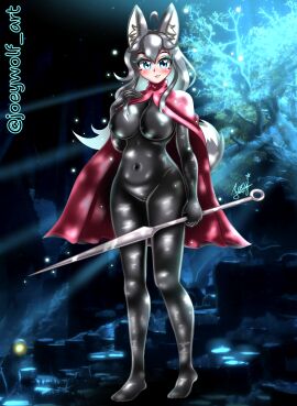 1girls big_breasts black_bodysuit blue_eyes bodysuit cosplay grey_fur grey_hair happy holding_weapon hollow_knight hollow_knight:_silksong hornet_(hollow_knight) hornet_(hollow_knight)_(cosplay) husky joey_wolf koda_(joey_wolf) light-skinned_female light_skin long_hair red_cape seductive_body seductive_look spear weapon white_skin wolf_ears wolf_girl wolf_tail
