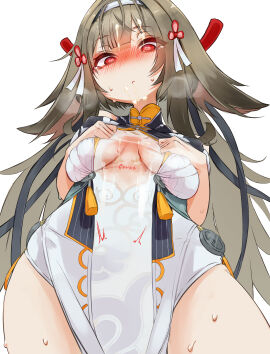 absurdres accessories after_fellatio blush breasts brown_hair china_dress chinese_clothes closed_mouth clover clover_hair_ornament commentary_request cowboy_shot cum cum_in_mouth cum_on_body cum_on_breasts dress facial female from_below hair_ornament hairband heart heart-shaped_pupils highres large_variant_set long_hair looking_down medium_breasts open_mouth pochi_ta red_eyes see-through_clothes simple_background solo speech_bubble sweat symbol-shaped_pupils tears thought_bubble torn_clothes torn_dress twitching_womb variant_set very_long_hair white_background white_dress white_hairband ye_shunguang zenless_zone_zero