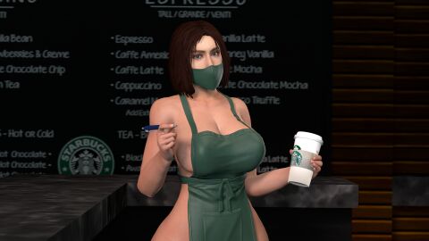 3d 3d_(artwork) barista big_breasts breasts coffee_cup female looking_at_viewer mask mrbagheadman sfm source_filmmaker starbucks wide_hips