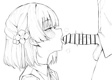 1boy balls bar_censor blunt_bangs blush censored close-up collared_shirt commentary_request dera_self erection fellatio female flower from_side gakuen_idolmaster hair_flower hair_ornament half-closed_eyes hataya_misuzu highres idolmaster male open_mouth oral penis shirt short_hair simple_background solo_focus straight testicles tongue tongue_out twitching_penis veins veiny_penis white_background