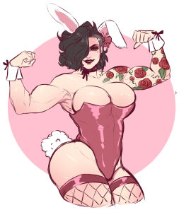1girls 2023 amaamaranth arm_tattoo armpits asymmetrical_hair black_hair black_lipstick breasts bunny_ears bunny_tail bunnysuit choker cleavage deep_cleavage female female_focus female_only fishnet_legwear fishnets flexing hair_over_one_eye large_breasts mole_under_eye muscular muscular_female original pain_(amaamaranth) side_shave solo solo_female solo_focus