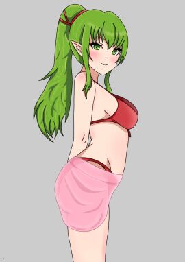 1girls alternate_costume arms_behind_back ass bangs bare_arms bare_midriff bare_thighs big_ass bikini blush breasts female female_only fire_emblem fire_emblem_awakening fire_emblem_heroes green_eyes green_hair grey_background li9mo long_hair looking_at_viewer looking_to_the_side medium_breasts midriff nintendo official_alternate_costume pointy_ears ponytail red_bikini red_swimsuit sarong see-through sidelocks solo swimsuit thighs tiki_(fire_emblem) tiki_(fire_emblem)_(adult)