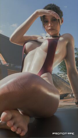 3d athletic athletic_female barefoot biohazard brown_hair busty capcom claire_redfield claire_redfield_(jordan_mcewen) feet female female_focus female_only foot_fetish foot_focus hourglass_figure long_hair pinup pinup_pose ponytail pool poolside prototype_(artist) resident_evil resident_evil_2 resident_evil_2_remake sitting soles tagme wide_hips