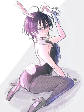 1girls annoyed ass bachi_ak black_eyes black_hair blush bunny_costume bunny_ears bunny_girl bunny_tail bunnysuit earrings eyebrows_visible_through_hair eyelashes female female_focus female_only fishnet_legwear fishnet_stockings fishnets gloves grabbing_ears heels hi_res high-angle_view high_heels high_resolution highres hips_wider_than_shoulders hiyuki_kagari kagurabachi kneeling light-skinned_female light_skin on_knees simple_background tomboy tomboys wide_hips