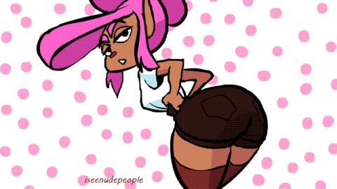 1girls animated animated_gif ass character_request female female_focus gif iseenudepeople jackie_(iseenudepeople) pink_eyebrows pink_hair shorts tagme wink