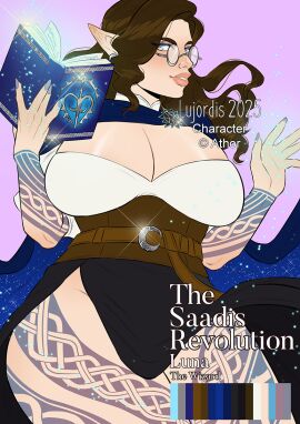 1girls athorment_oc big_breasts breasts brown_hair cleavage diplomacyraptor dungeons_and_dragons elf elf_ears elf_female female glasses high_elf large_breasts long_hair looking_at_viewer lujordis luna_(athorment) markings pathfinder pathfinder_(oc) pinup pinup_pose pointy_ears saadis_revolution solo_female solo_focus spellbook tagme tattoo_on_legs tattooed_arm tattoos