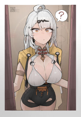 1girls ? azz0422 black_shorts blush breasts cleavage doorway female grey_hair highres large_breasts looking_at_viewer mole mole_on_breast short_shorts shorts solo spoken_question_mark sweat yellow_eyes yin_yang yixuan_(zenless_zone_zero) zenless_zone_zero