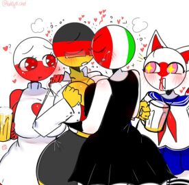 4girls among_us among_us_reference beer_mug big_breasts breasts countryhumans countryhumans_girl dress drunk female germany_(countryhumans) glasses hearts_around_head imminent_kiss italy_(countryhumans) japan_(countryhumans) kak0yt0_chel nosebleed poland_(countryhumans) pressing_breasts_together saliva_trail star_eyes tagme yuri