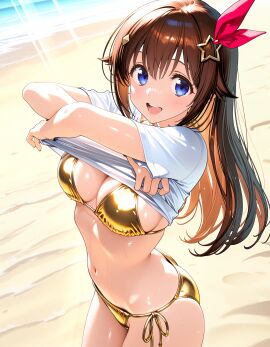 1girls ai_generated ass beach belly belly_button blue_eyes brown_hair gold_bikini hololive large_breasts long_hair navel open_mouth shirt_lift smile thighs tokino_sora virtual_youtuber water white_shirt