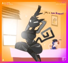 agonywelds angelsagony annoyed armored_lynx_(fortnite) ass bed bedroom big_breasts breasts cat_ears cat_girl catgirl catsuit curvy female fortnite glowing_eyes looking_at_viewer lynx_(fortnite) meme meow_skulls_(fortnite) robot robot_girl text thick_ass thick_thighs thighs wide_hips