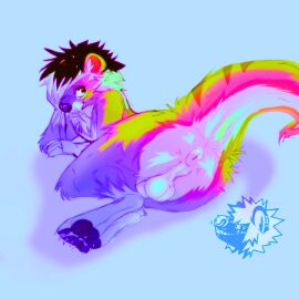 absurd_res animal_genitalia anthro anus balls bright_colors curled_tail curled_up fluffy genitals hand_on_cheek hi_res looking_back looking_up male mammal mustelid musteline otter rear_view sheath shy sickpuppygutz skinny solo tail