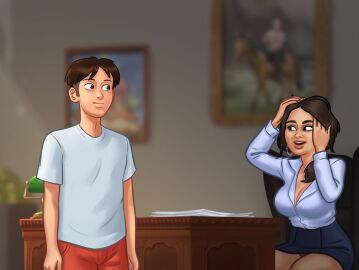 1boy 1girls 2d 2d_(artwork) after_orgasm after_sex big_breasts breasts brown_hair cleavage clothed clothing darkcookie digital_drawing_(artwork) digital_media_(artwork) duo earrings female fixing_hair getting_dressed katya_(summertime_saga) light-skinned_female light-skinned_male light_skin long_hair looking_at_another looking_at_partner main_character_(summertime_saga) male male/female medium_breasts messy_hair office pantyhose post-orgasm room satisfied satisfied_look see-through see-through_clothing shirt shirt_open sitting skirt smile smiling standing summertime_saga tanline upskirt