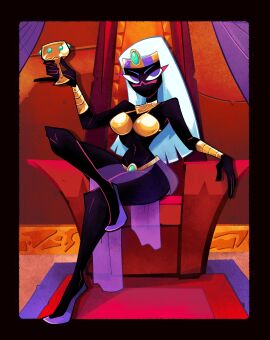1girls alien alien_girl bikini_top black_skin bracelets curvy duck_dodgers female goblet gold_(metal) herny legs looney_tunes martian martian_(duck_dodgers) purple_eyes queen_tyr'ahnee sitting sitting_on_throne small_waist throne warner_brothers white_hair