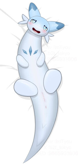 2024 anus bedding bedding_background blue_body blue_eyes blue_markings blush censored cheek_tuft chillet dakimakura dakimakura_design digital_media_(artwork) dipstick_ears ear_markings facial_tuft female feral feral_only genitals hi_res imtyou ineffective_censorship long_body lying mammal markings multicolored_ears mustelid narrowed_eyes on_back open_mouth pal_(species) palworld paws pocketpair presenting presenting_pussy pussy solo tail tail_tuft tailbutt tuft watermark