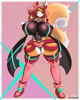 1girls anthro anthrofied armor boots breasts core_crystal curvy female fingerless_gloves fox fox_ears fox_girl fox_tail fyxe fyxe_(artist) gloves huge_breasts large_breasts looking_at_viewer nintendo pyra red_eyes red_hair red_shorts short_hair short_shorts shorts thick_thighs tiara xenoblade_(series) xenoblade_chronicles_2
