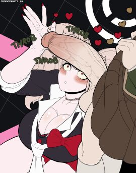 1boy 1girls 2024 :o alternate_version_available androgynous arm_up artist_name balls big_balls big_breasts big_penis blonde_hair blue_eyes blush blush_lines bow bowtie breasts cedric_dewitt choker cleavage clothed commission crossdressing danganronpa danganronpa:_trigger_happy_havoc duo english_text erection female femboy feminine_male fujisaki_chihiro gyaru heart heart-shaped_pupils huge_breasts junko_enoshima kneeling large_breasts long_sleeves looking_at_penis looking_up male nail_polish necktie onomatopoeia penis penis_awe penis_out precum precum_drip red_nails school_uniform shiny_skin skirt skirt_lift text thick_thighs thighs throbbing_penis tie tied_hair twintails unseen_male_face veiny_penis