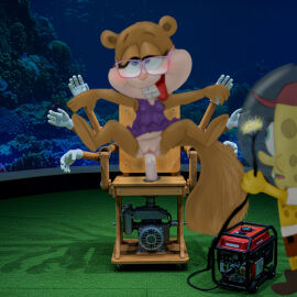 1boy 1girls anthro blush brown_fur chair clothing dildo dildo_in_pussy duo eyelashes female furry furry_female furry_male furry_only generator glasses hat helmet kamp_koral looking_at_another male mammal marine masturbation mousetache nickelodeon open_mouth purple_dress pussy robotic_chair rodent sandy_cheeks sciurid sea_sponge shoes spongebob_squarepants spongebob_squarepants_(character) squirrel tail tongue tongue_out yellow_body