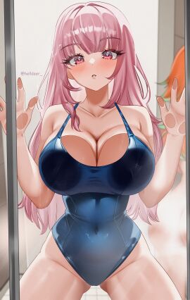 2girls absurdres against_glass alternate_costume blue_one-piece_swimsuit blush breasts cleavage covered_navel helldeer highres hololive hololive_english large_breasts long_hair looking_at_viewer mori_calliope multiple_girls one-piece_swimsuit orange_hair pink_eyes pink_hair solo_focus standing swimsuit takanashi_kiara thighs twitter_username virtual_youtuber