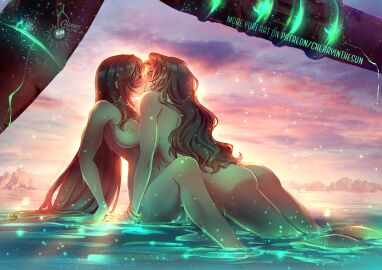 2girls aerith_gainsborough ass black-haired_female black_hair blush bracelet breasts brown-haired_female brown_hair cherryinthesun closed_eyes cloud cloudy_sky completely_nude female female/female female_only final_fantasy final_fantasy_vii jewelry kissing large_breasts lesbian_couple lesbian_kiss long_hair multiple_females multiple_girls nude nude_female outdoors sky tifa_lockhart very_long_hair water wavy_hair wet yuri