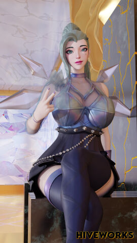 bracelet breasts choker cleavage clothing earrings facial_markings female female_only jewelry k/da_all_out_seraphine k/da_all_out_series large_breasts league_of_legends long_hair looking_at_viewer peace_sign seraphine_(league_of_legends) sitting skirt solo thighhighs thighs