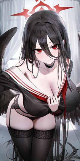 absurdres black_choker black_hair black_wings blue_archive blush breasts choker female garter_belt garter_straps hair_between_eyes halo hasumi_(blue_archive) highres huge_breasts kofii long_hair looking_at_viewer mole mole_under_eye red_eyes selfie shirt solo taking_picture very_long_hair wings