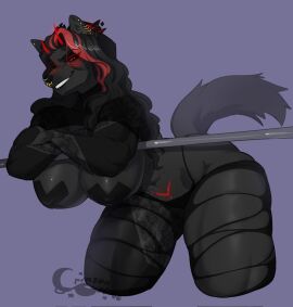 2025 abs anthro arm_tattoo bedroom_eyes big_breasts black_hair breasts canid canine clothed clothing crazybear crossed_arms demon ear_piercing facial_piercing female floral_tattoo fur glistening glistening_breasts grey_body grey_fur hair hi_res horn jackie_(jake_aries) leaning leaning_forward leaning_on_object leg_tattoo leggings legwear long_hair looking_at_viewer mammal markings muscular muscular_female narrowed_eyes navel nose_piercing nose_ring pasties piercing red_eyes red_hair red_horn ring_piercing seductive skimpy smile solo string_panties tail tattoo teeth thick_thighs torn_clothing torn_leggings torn_legwear wide_hips