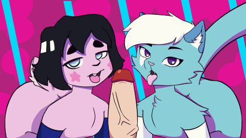 16:9 allycream8 animated anthro big_penis cel_shading deepthroat duo fellatio femboy genitals group hi_res male male/male oral oral_penetration penetration penis shaded short_playtime tail tail_motion tailwag trio widescreen