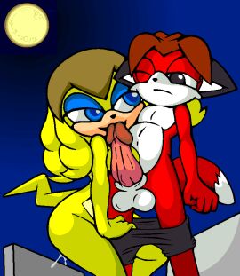 2016 anthro balls bellary_(terrenslks) black_bottomwear black_clothing black_ears black_eyes black_nose black_shorts blonde_hair blue_eyes blue_eyeshadow bottomwear bottomwear_down breasts brown_hair canid canine canis clothed clothing crouching digital_media_(artwork) duo echidna eye_contact eyeshadow fan_character female fox front_view full_moon fur genitals hair humanoid_genitalia humanoid_penis interspecies licking licking_tip looking_at_another makeup male male/female mammal monotreme moon multicolored_body multicolored_fur multicolored_hair night one_eye_closed one_eye_half-closed oral partially_clothed penile penis penis_lick red_body red_fur scoter_the_redfox_(terrenslks) sega sex shorts shorts_down smile sonic_(series) sonic_the_hedgehog_(series) standing tail tan_body tan_fur terrenslks tongue two-tone_body two-tone_fur two-tone_hair white_body white_fur yellow_body yellow_fur yellow_tail
