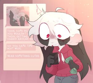 1boy 4_fingers after_sex antenna_hair anthro anus ass balls bed black_and_white_fur blackmail bodily_fluids bottomwear cellphone clothed clothing cum cum_in_ass cum_inside cum_on_back denim denim_bottomwear denim_clothing e621_post_recursion ejaculation electronics femboy fingers fucked_silly furniture genital_fluids genitals girly holding_cellphone holding_money holding_object holding_phone hoodie inflation jeans knot lagomorph leporid long_ears lying lying_on_bed male male_only mammal moan money naked nude number on_bed on_front pants penis phone photo picture_in_picture questionable_consent rabbit red_eyes red_penis scared simple_background sinnerpen small_penis smartphone solo tail taking_picture text text_message throbbing_penis topwear twitching white_hair