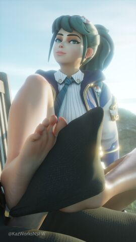3d 3d_(artwork) 3d_background 3d_model 3d_render 8k blizzard_entertainment clothed cock dick foot_fetish foot_focus foot_play foot_worship footjob footwear hi_res highres kazworksnsfw kiriko_(overwatch) kiriko_kamori looking_at_viewer overwatch overwatch_2 park park_bench penis sockjob socks soles sweat sweatdrop sweating sweaty toes
