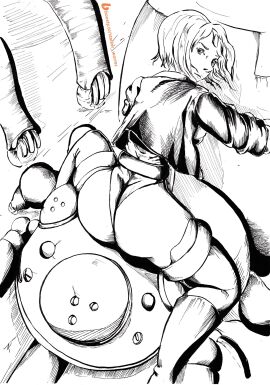 1girls ass black_outline female ghost_in_the_shell greyscale kusanagi_motoko lying lying_on_stomach solo thong_leotard white_background