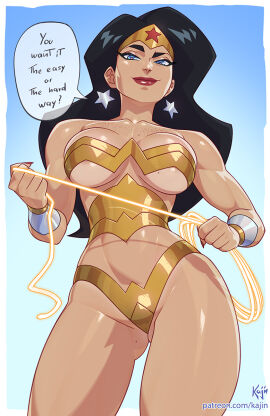 1girls 2025 2d amazon athletic athletic_female big_breasts bikini_armor black_hair blue_eyes breasts dc dc_comics earrings english_text female female_only freckles freckles_on_chest jewelry kajinman lasso_of_truth light-skinned_female light_skin looking_at_viewer metal_bikini mole mole_on_ass mole_on_breast revealing_clothes skimpy_clothes smile solo solo_female text tiara underboob wonder_woman