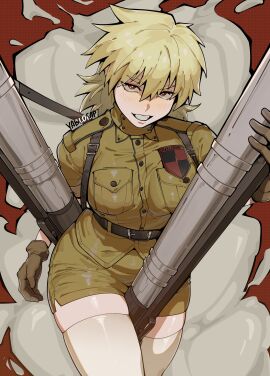 1girls 2025 2d 2d_(artwork) alohapz artist_name badge belt blonde_eyebrows blonde_female blonde_hair cannons clothed clothed_female female female_focus female_only gloves grinning_at_viewer guns harkonnen_(gun) hellsing hips leather leather_gloves light-skinned_female light_skin looking_at_viewer miniskirt muscular pale-skinned_female pale_skin questionable red_eyes seductive seductive_eyes seductive_look seductive_pose seductive_smile seras_victoria sfw short_hair skindentation skirt smile smiling smiling_at_viewer solo solo_female solo_focus suspenders thick_thighs thigh_squish thighhighs thighs tomboy turtleneck uniform vampire vampire_girl weapon weapons yablofap